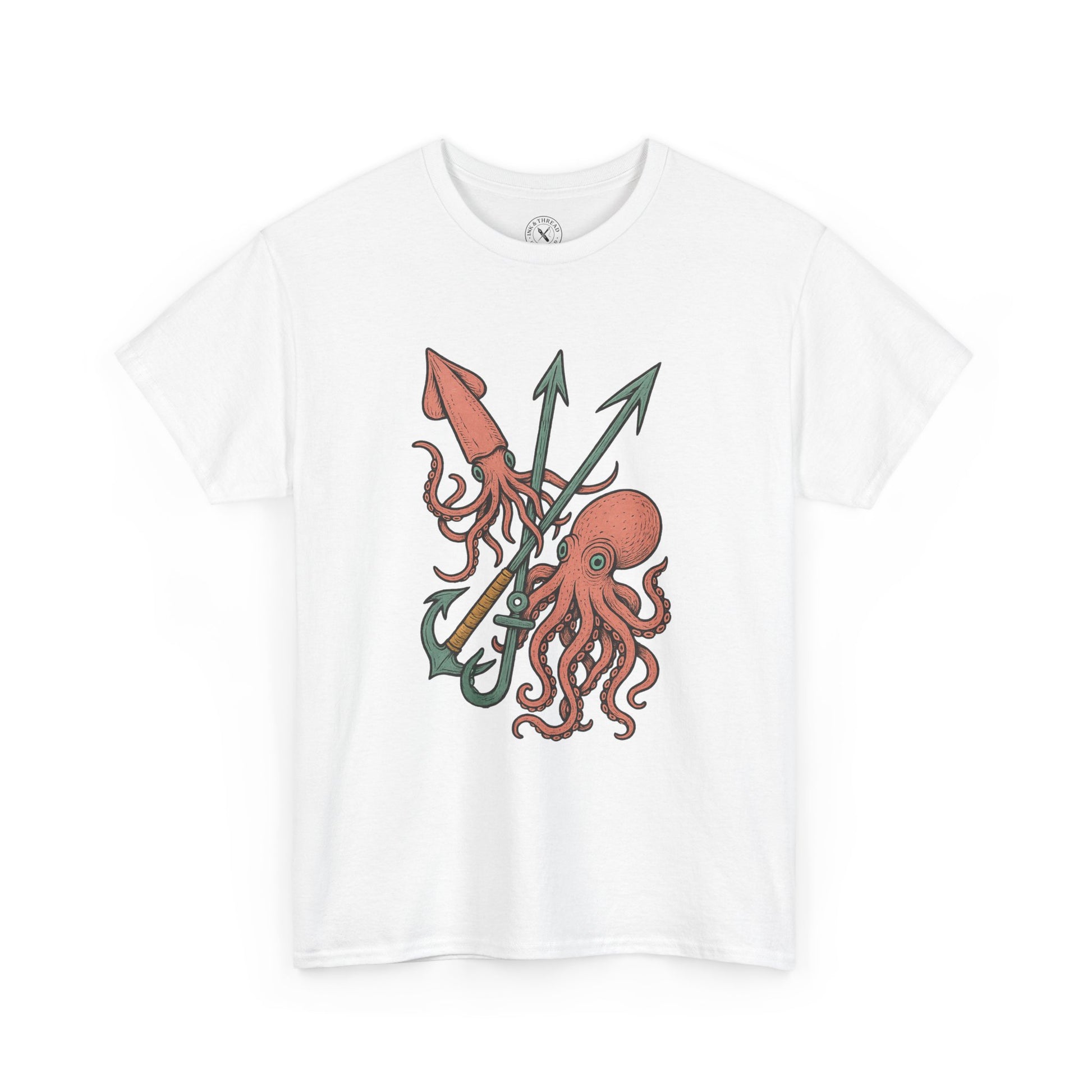 White t-shirt with a red octopus and green anchors graphic on a white background
