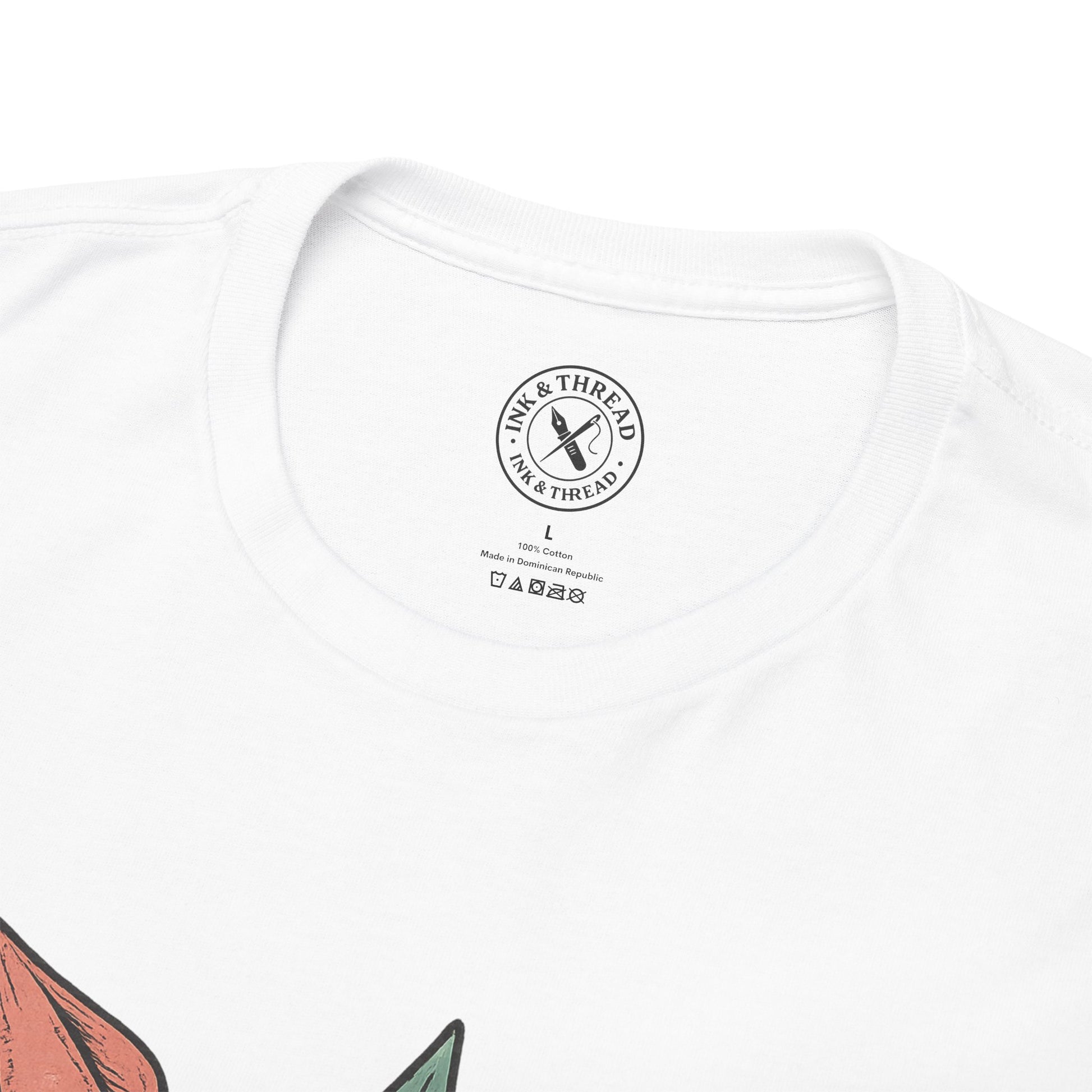 White t-shirt with a brand logo on the chest against a white background