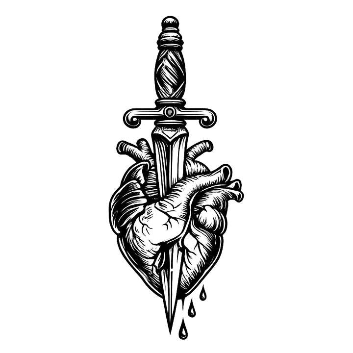 Vintage black ink tattoo flash illustration of a dagger piercing a heart
