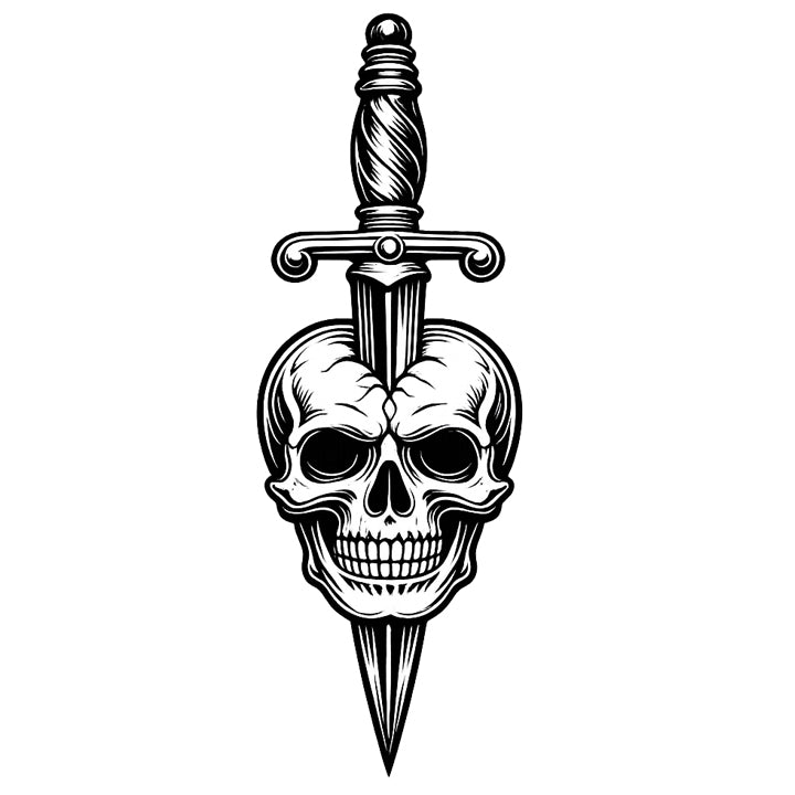 Vintage black ink tattoo flash illustration of a dagger with a skull
