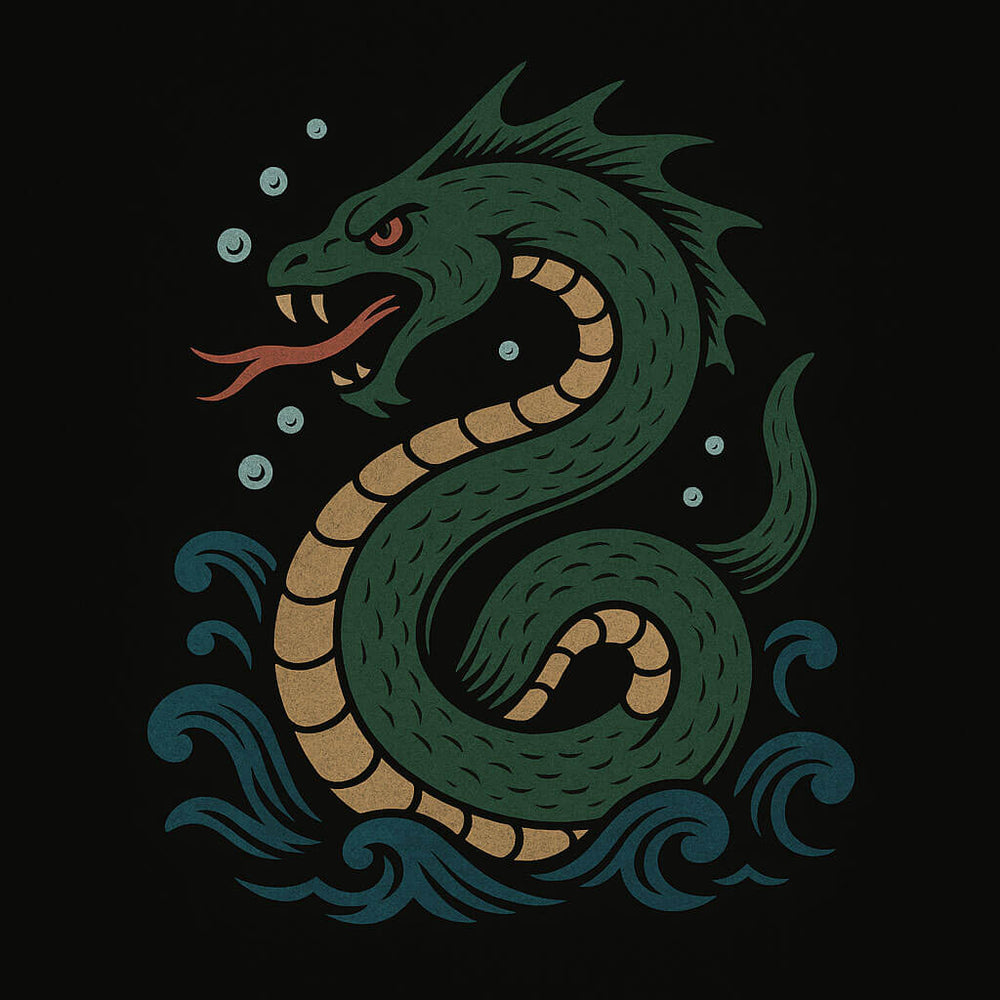 Green dragon with brown accents swimming in water on a black background