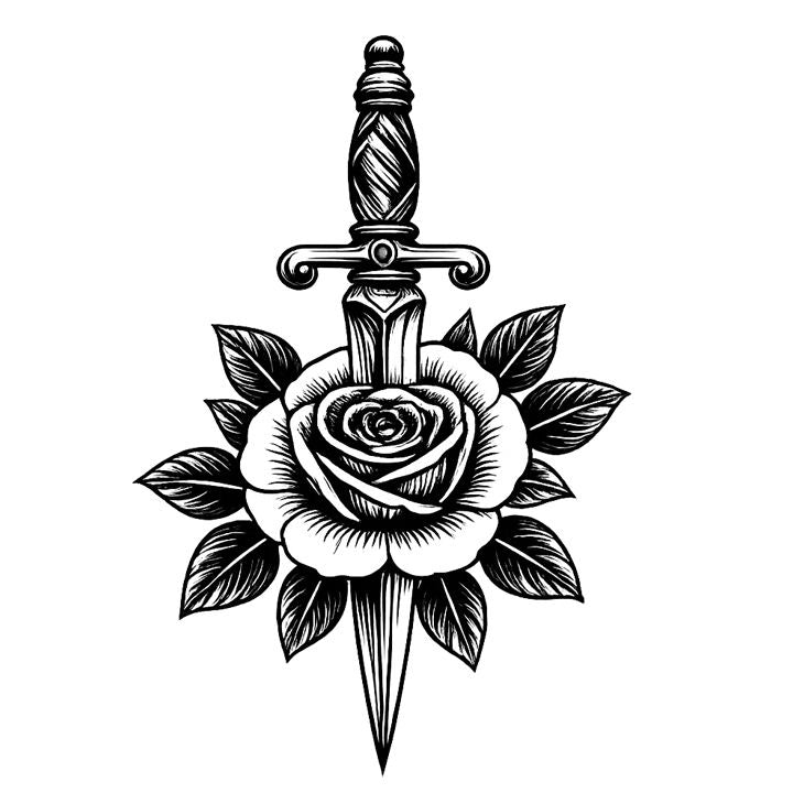 Vintage black ink tattoo flash illustration of a dagger through a rose