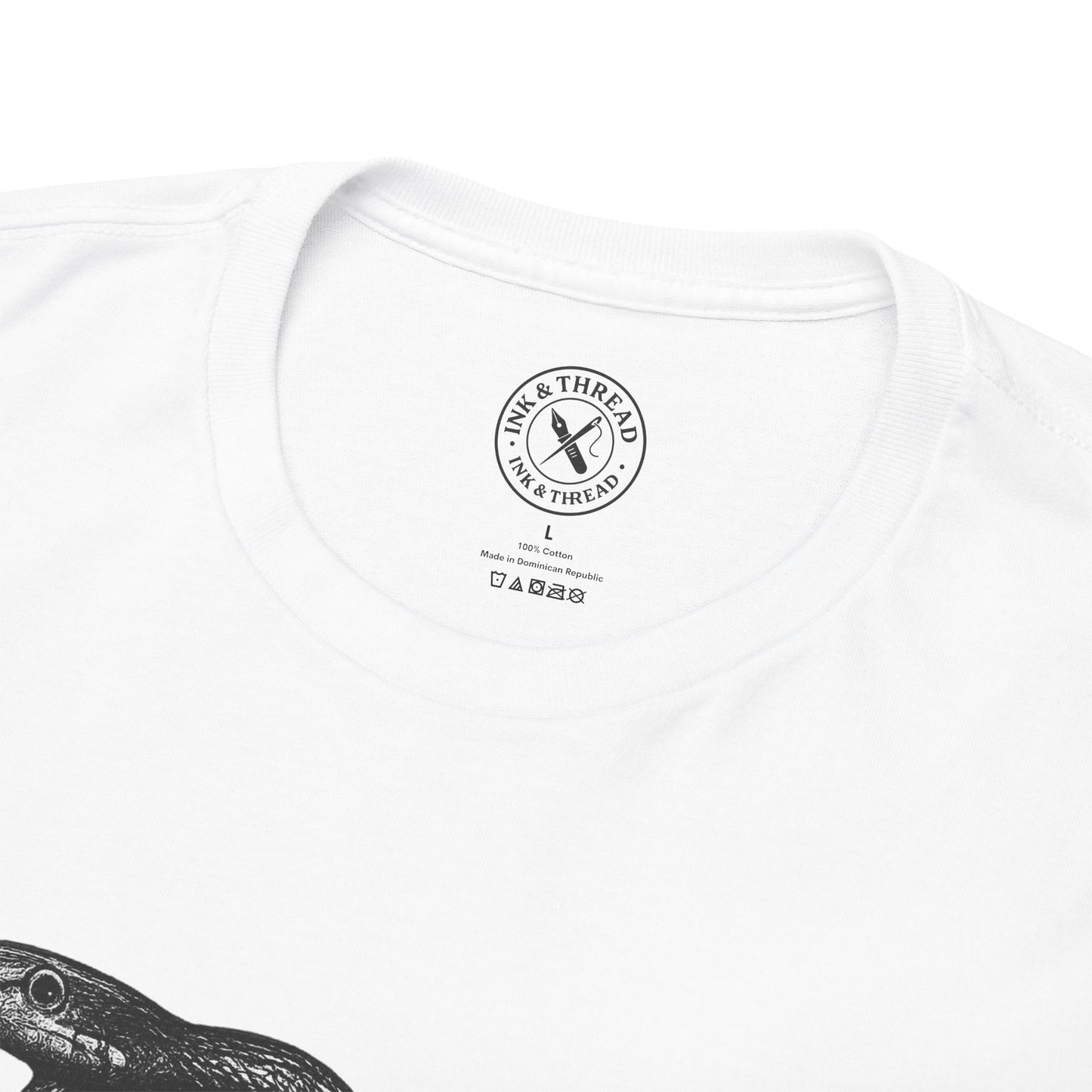 White t-shirt with Ink & Thread logo and text on a white background