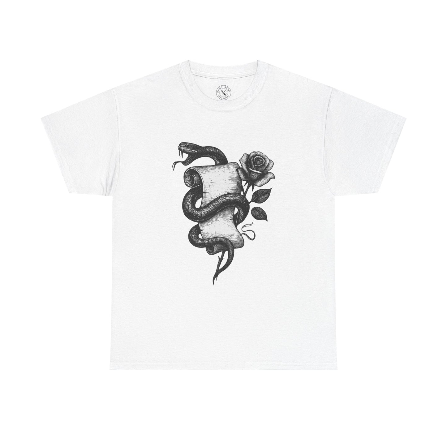 White t-shirt with a black and gray snake and rose design on a white background