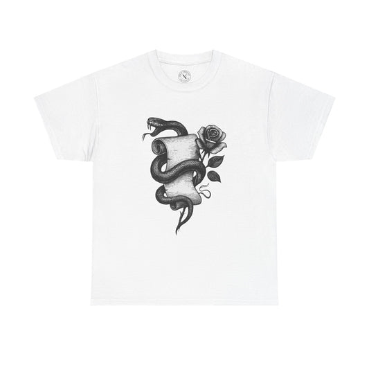 White t-shirt with a black and gray snake and rose design on a white background