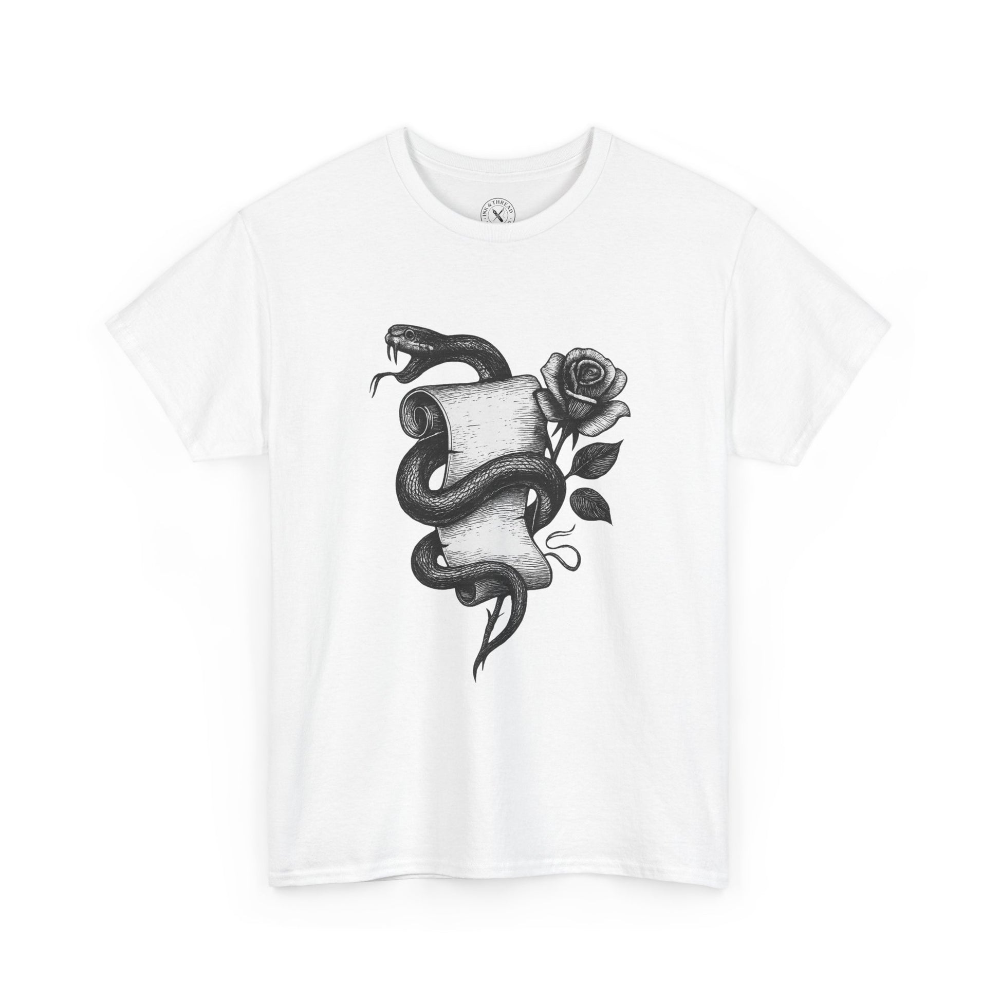 White t-shirt with a black snake and rose design on a white background