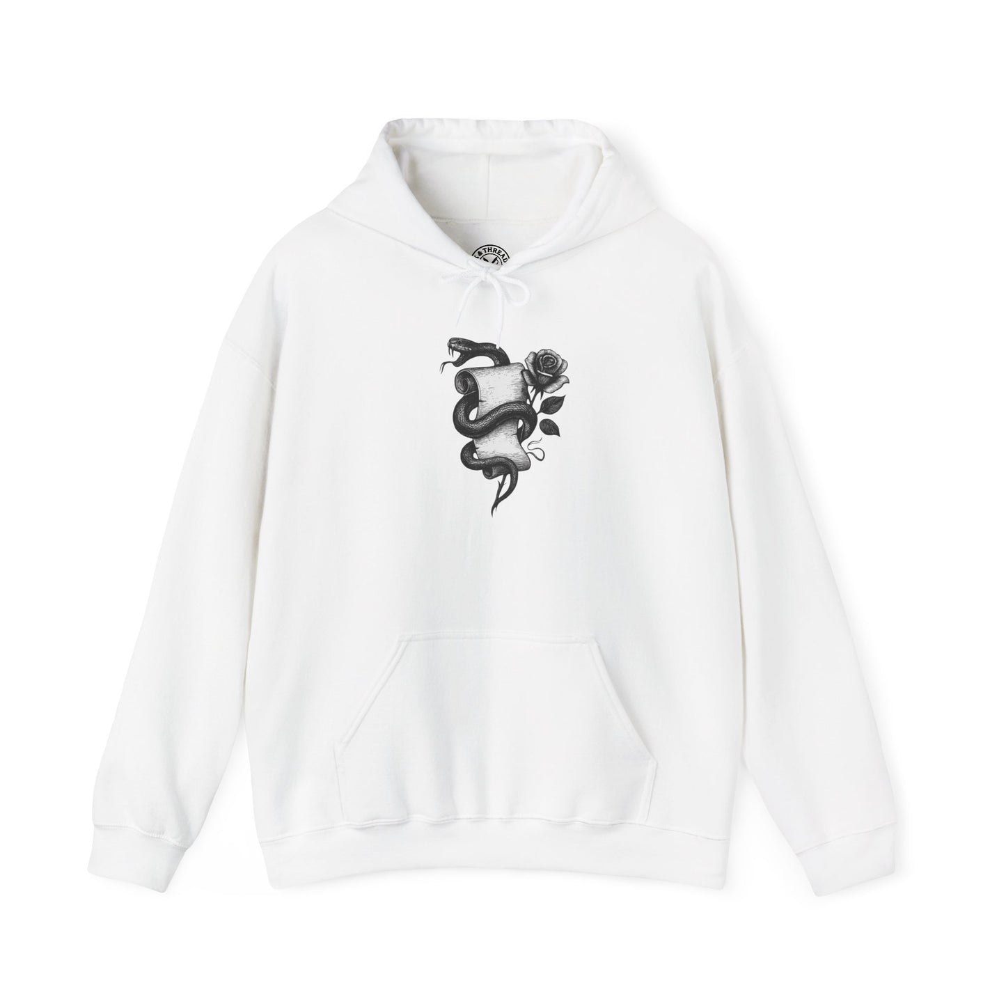 White hoodie with black rose and snake design on a white background