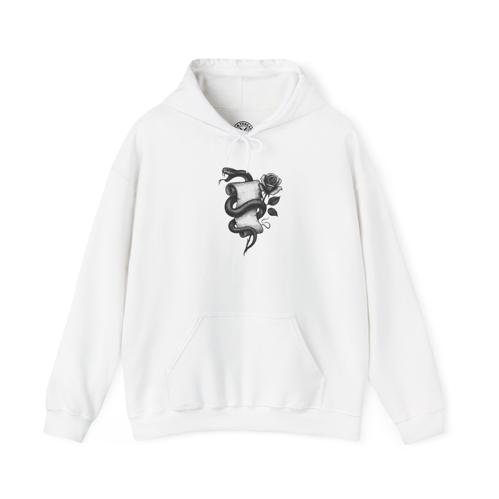 White hoodie with black rose and snake design on a white background