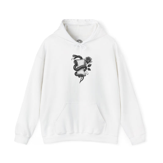 White hoodie with black rose and snake design on a white background