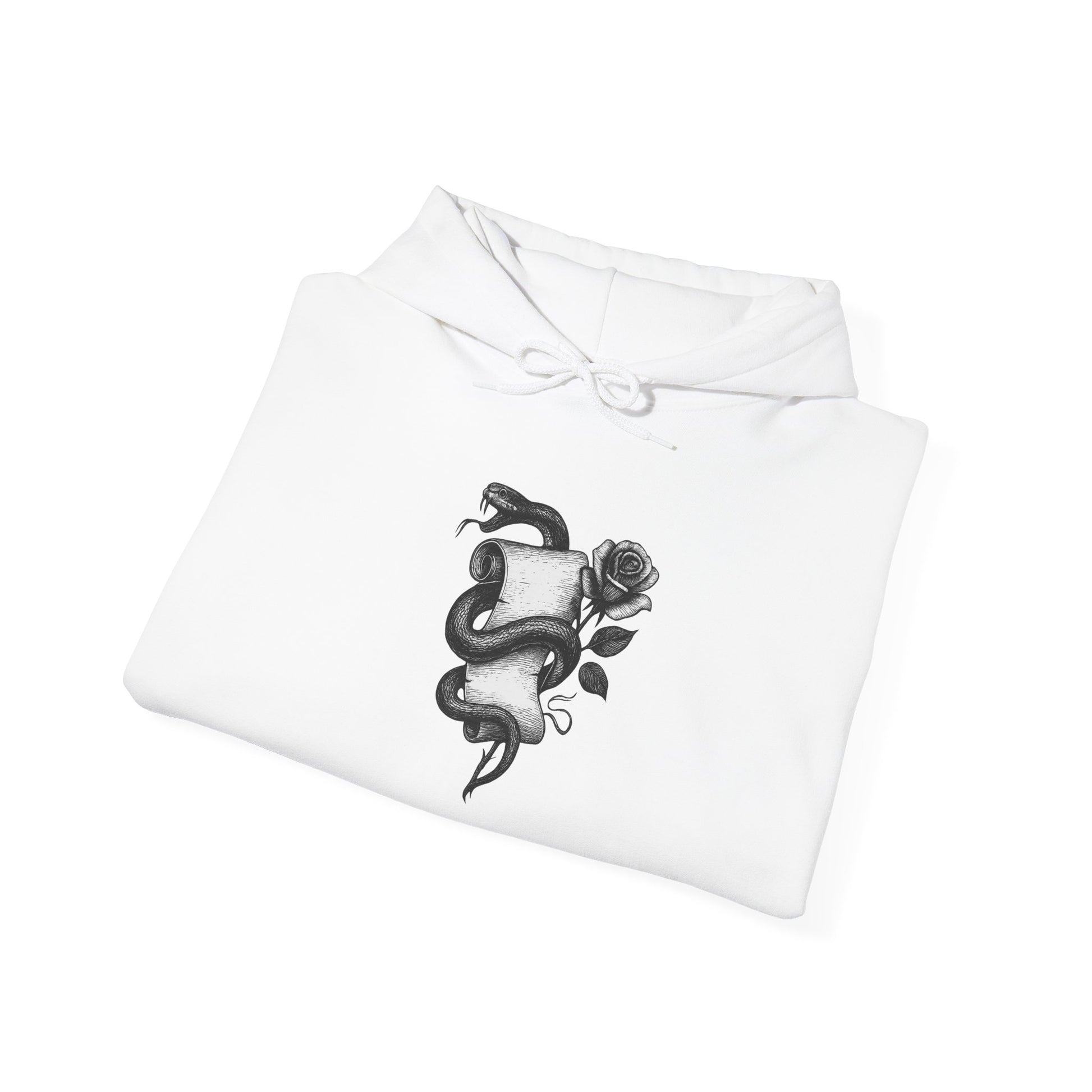 White shirt with a black snake and rose design on a white background