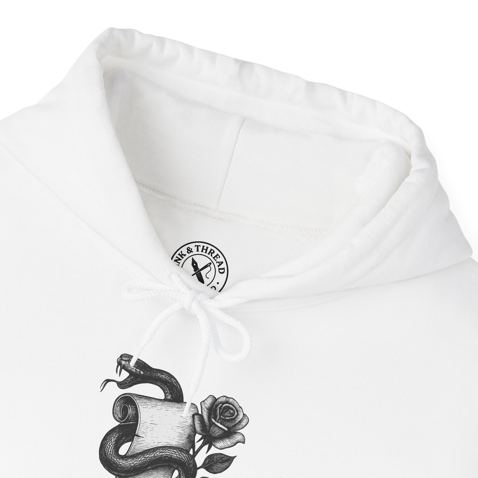 White hoodie with a snake and rose design and a brand logo on the chest.