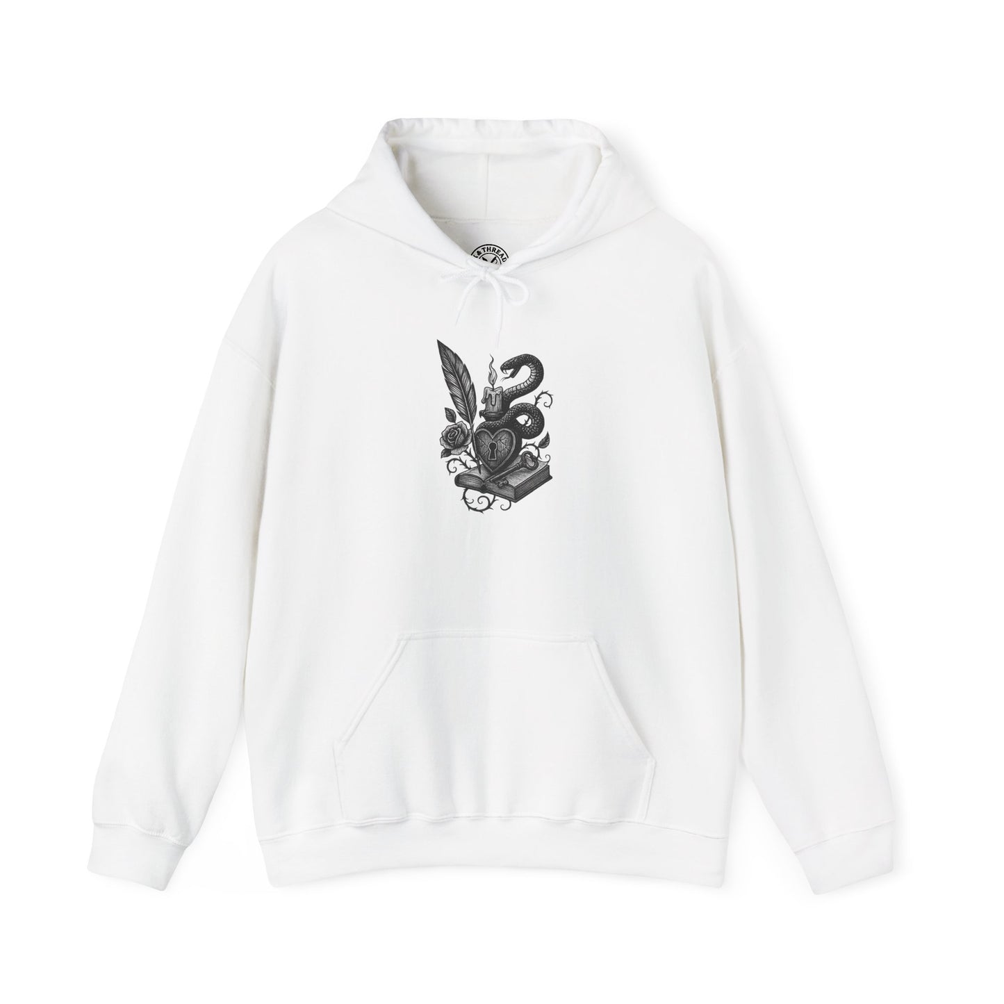 White hoodie with black graphic design on a white background