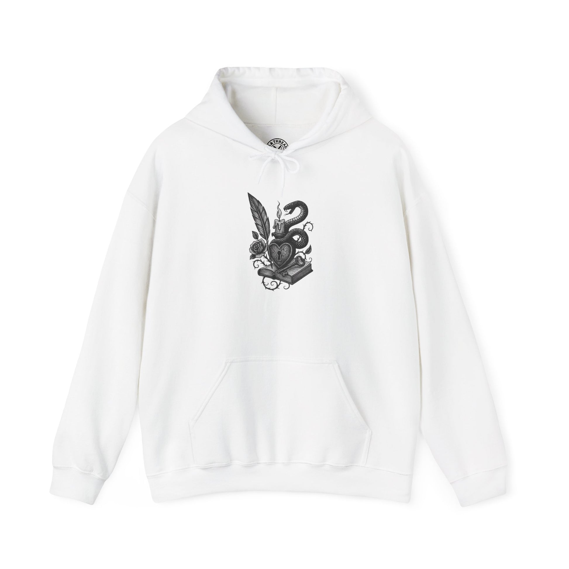 White hoodie with black graphic design on a white background