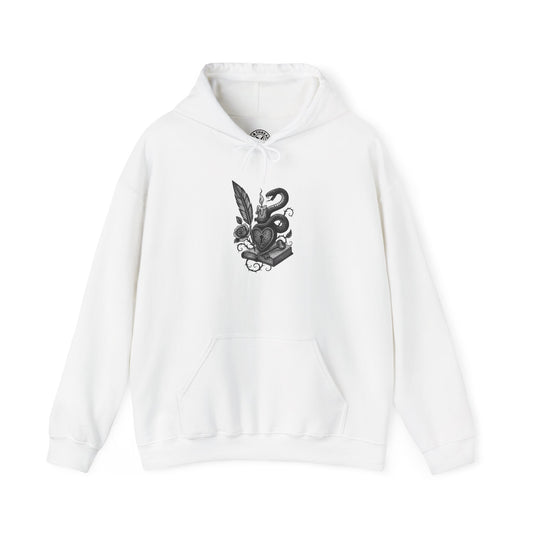 White hoodie with black graphic design on a white background