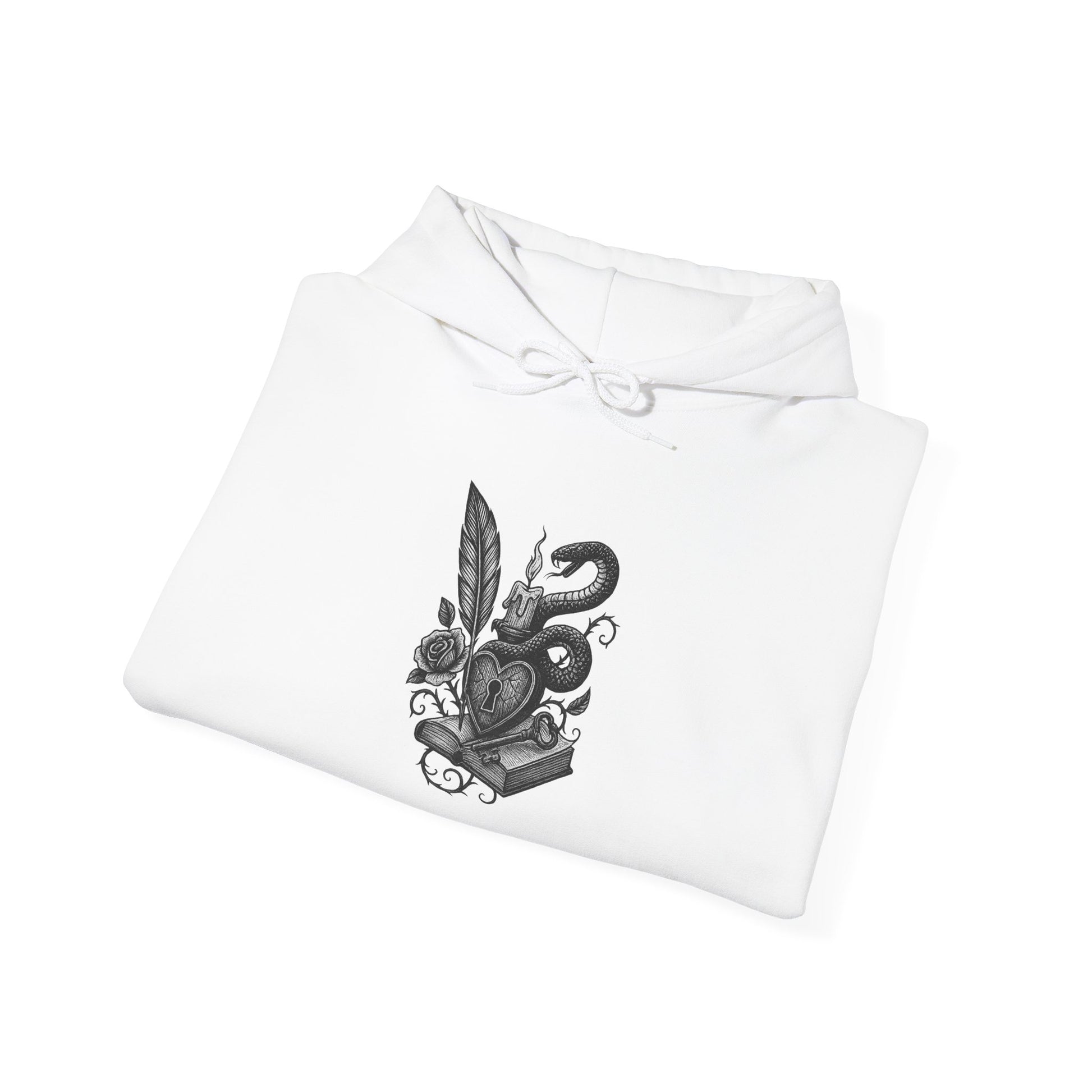 White shirt with black graphic design on a white background
