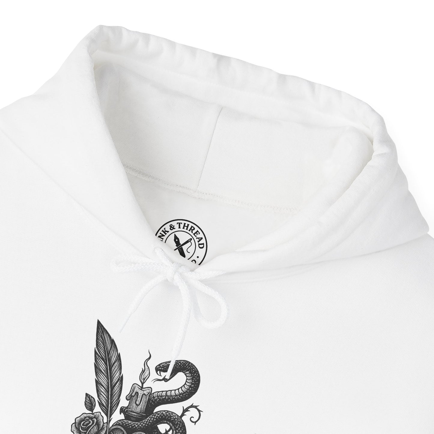 White hoodie with black snake and feather design on a white background