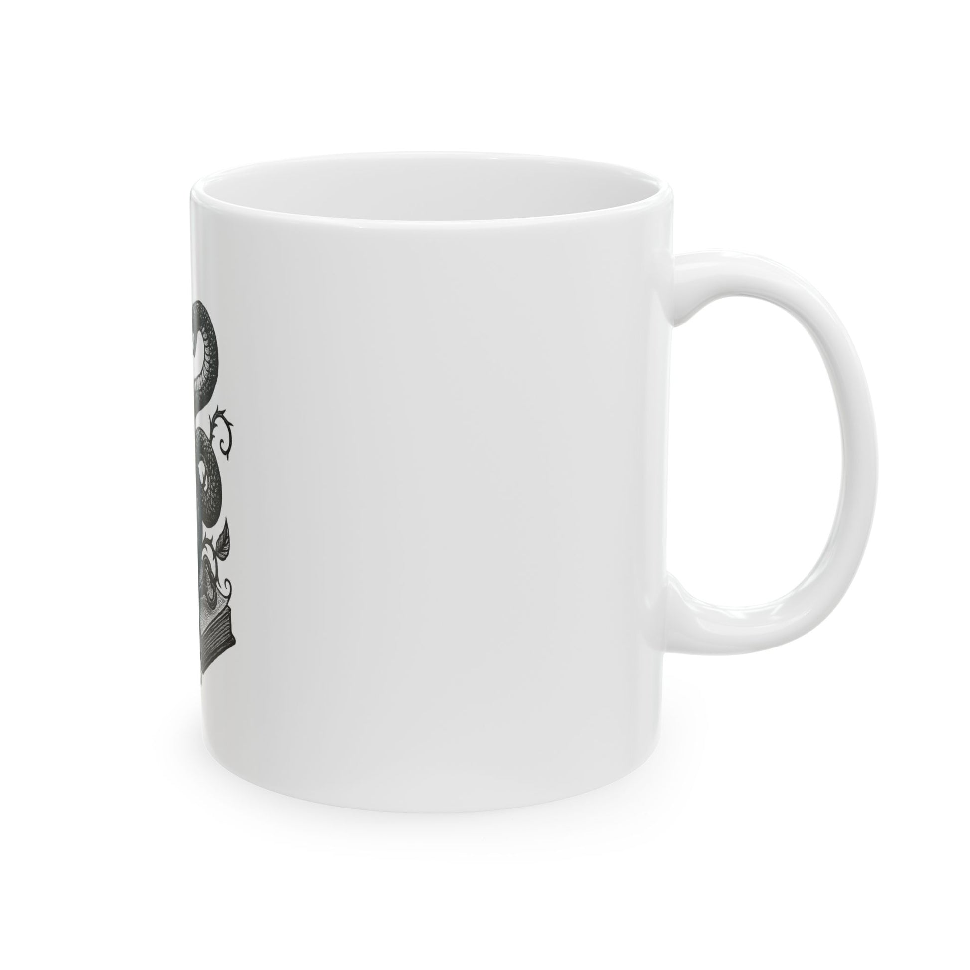 White mug with a black and white design on a white background