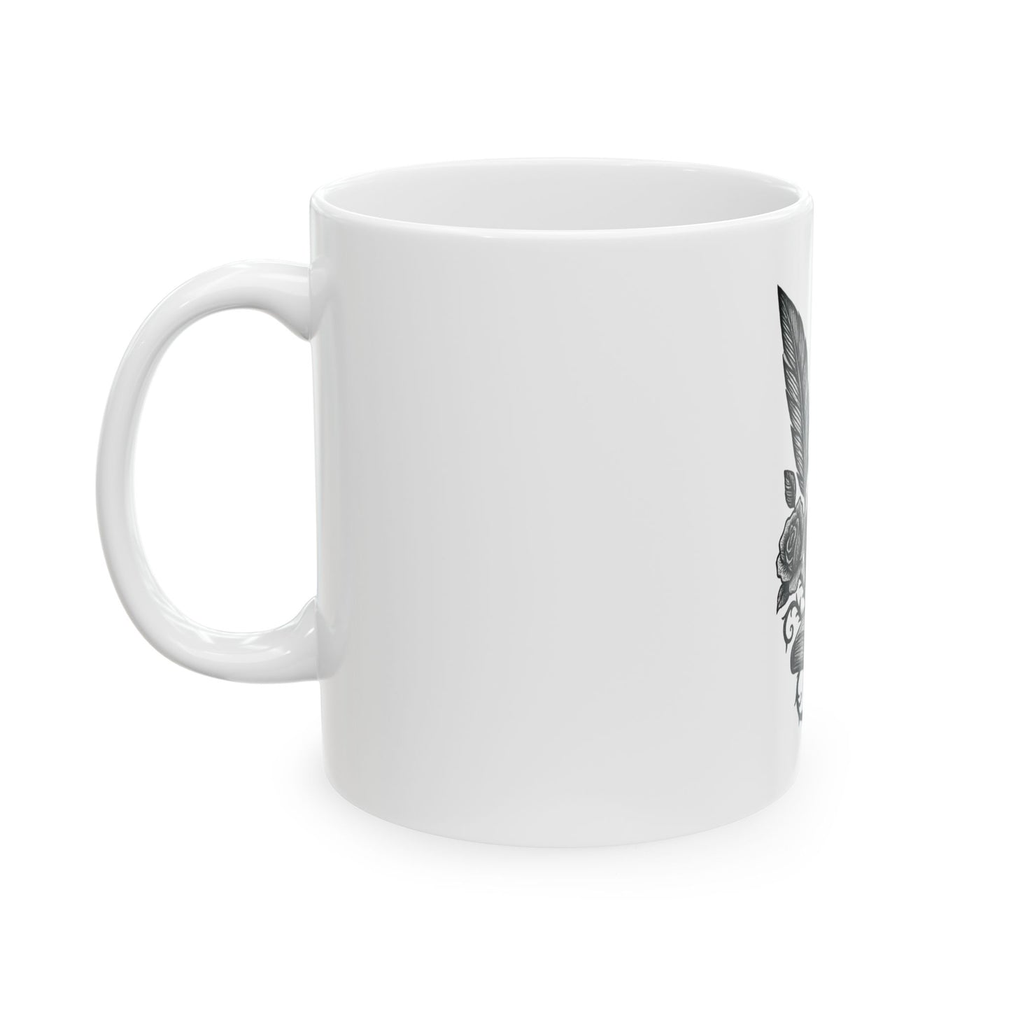 White mug with black and white design on a white background