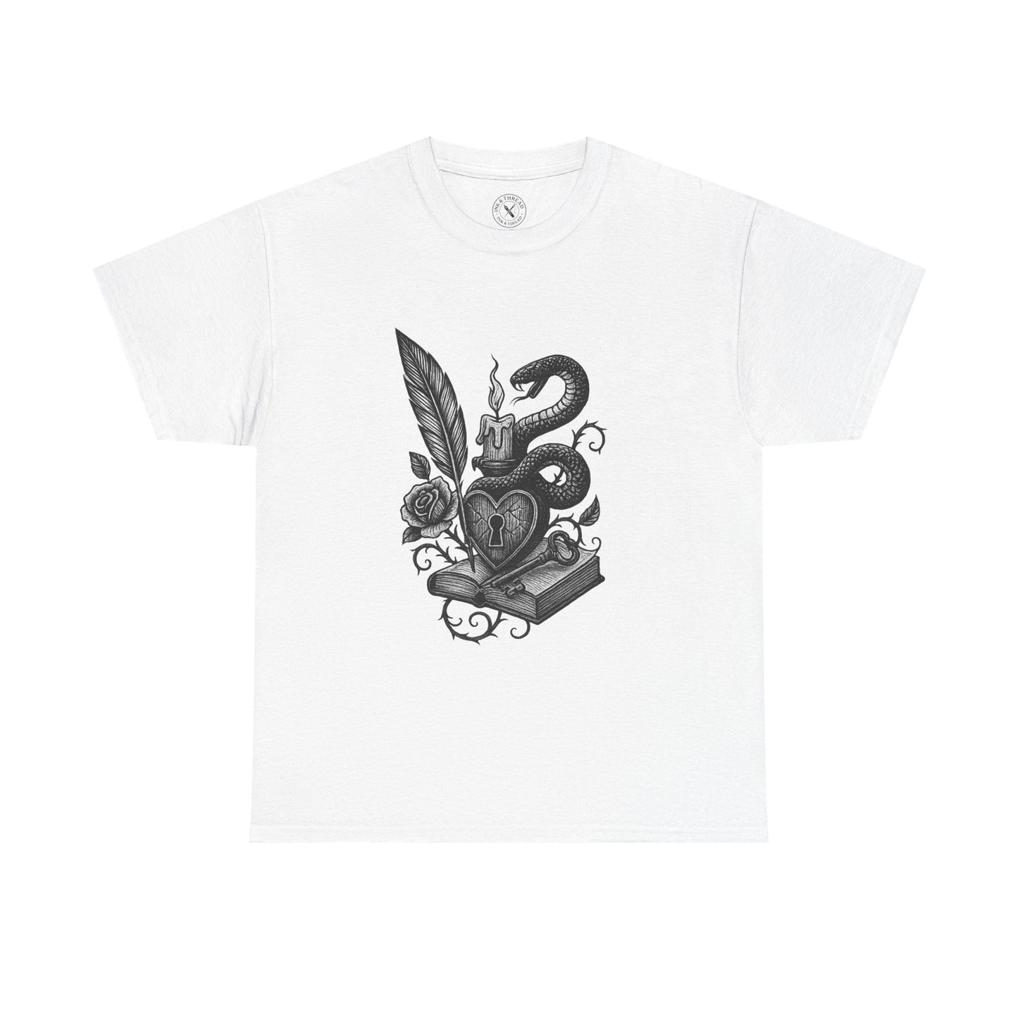 White t-shirt with black graphic design of a snake, key, and heart on a white background