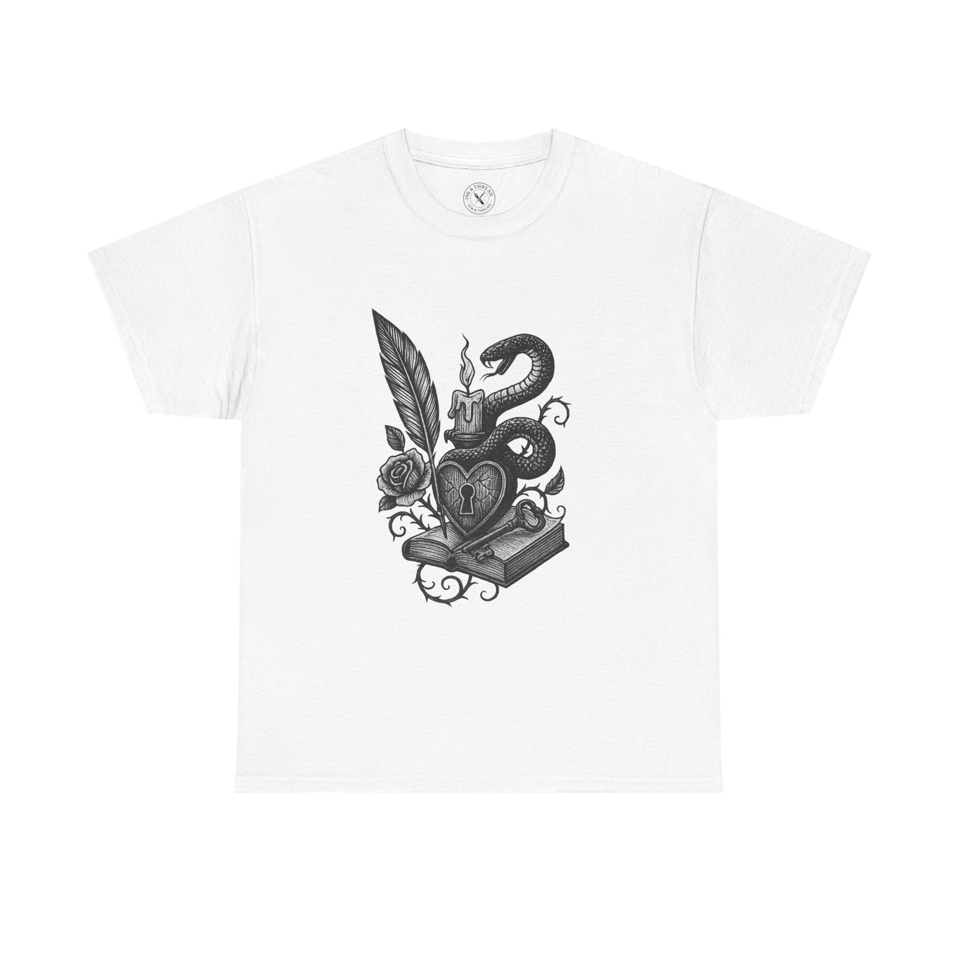 White t-shirt with black graphic design of a snake, key, and heart on a white background