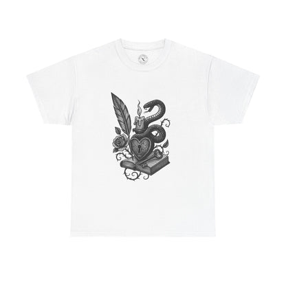 White t-shirt with black graphic design of a snake, key, and heart on a white background