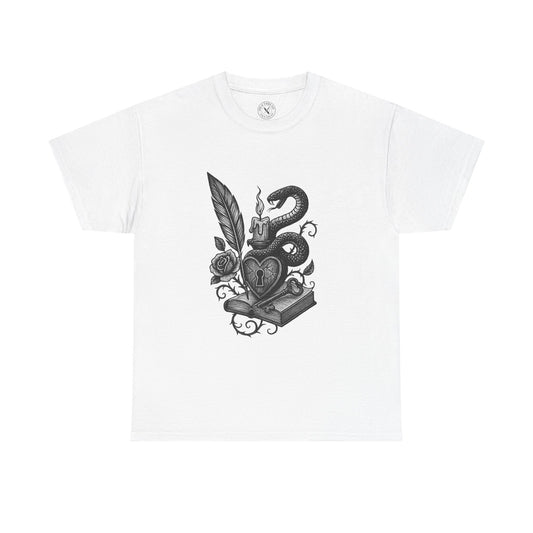 White t-shirt with black graphic design of a snake, key, and heart on a white background