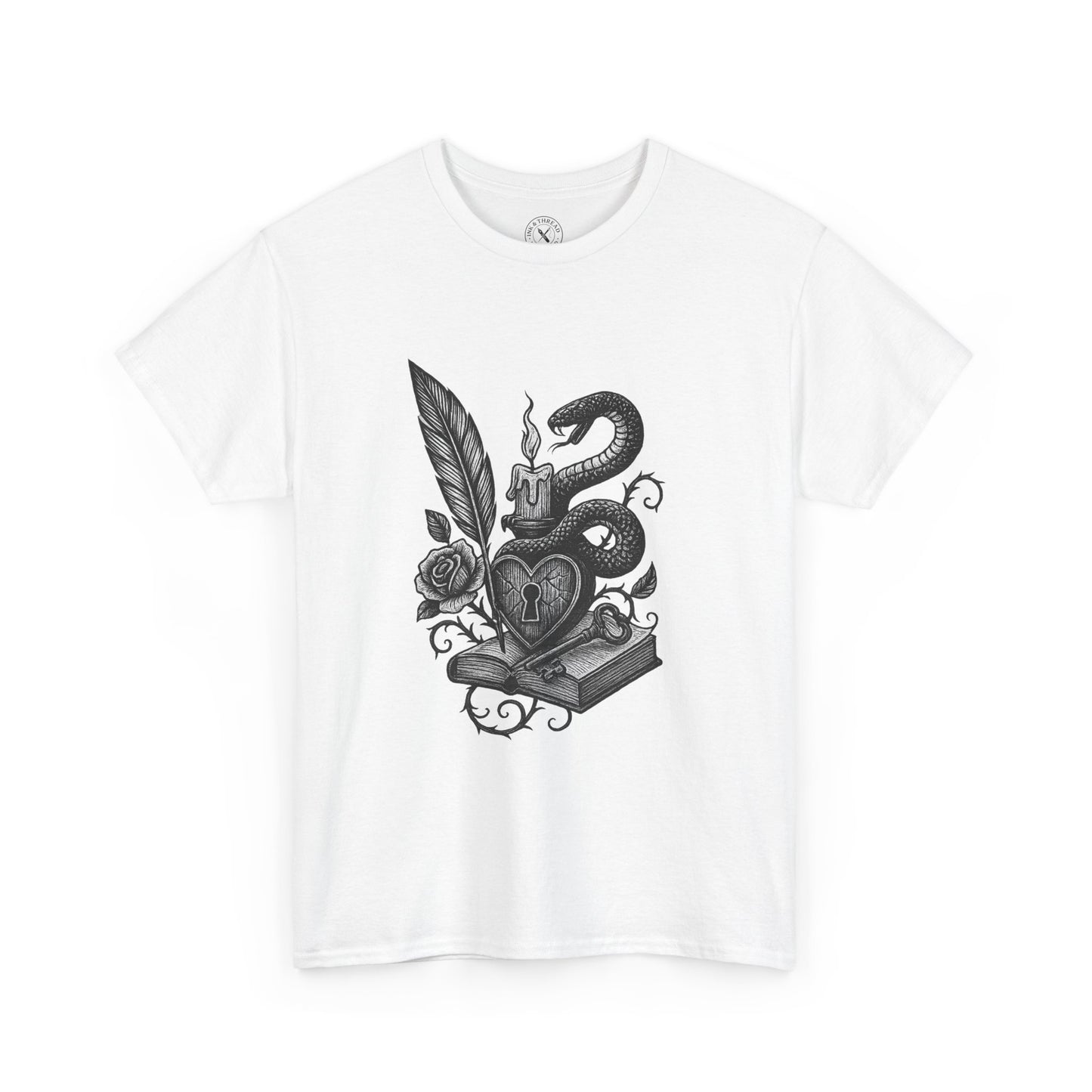 White t-shirt with black graphic design of a snake, heart, and key on a white background