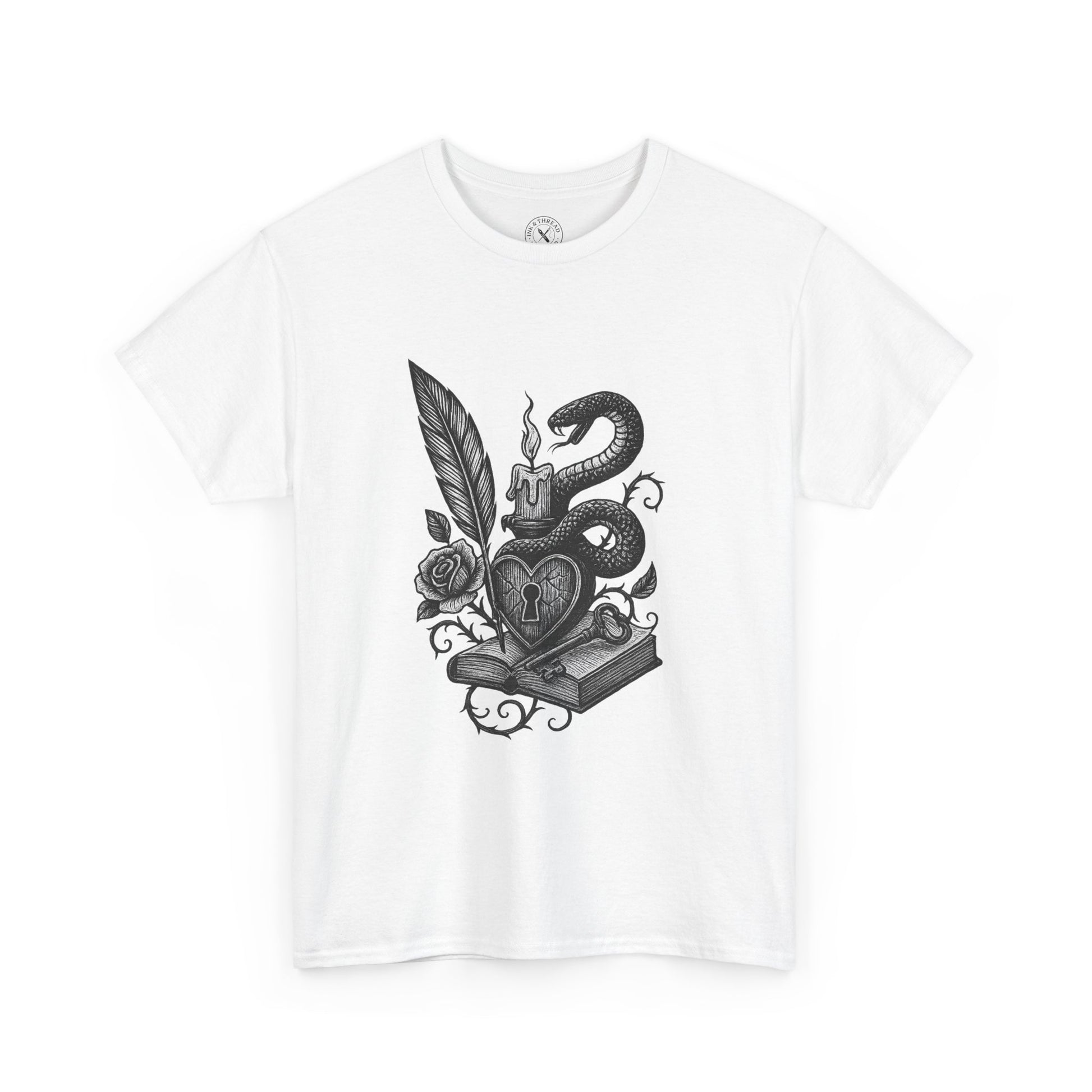 White t-shirt with black graphic design of a snake, heart, and key on a white background