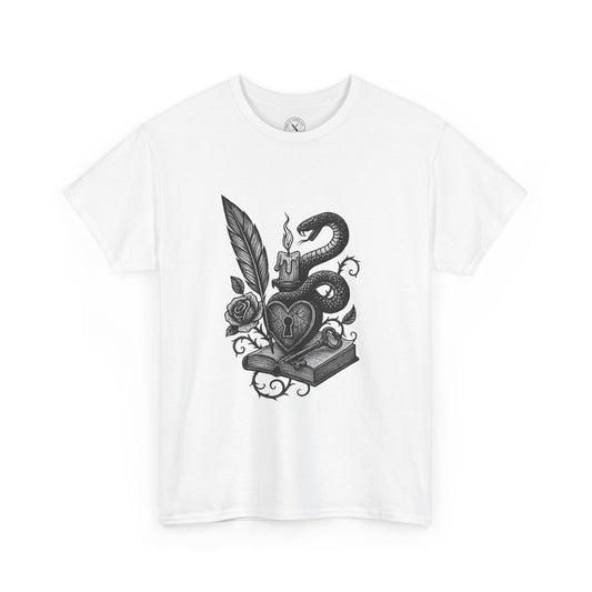 White t-shirt with black graphic design of a snake, heart, and key on a white background