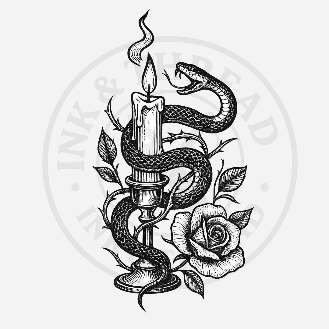 Black and white illustration of a snake coiled around a candle with a rose next to it, on a white background.