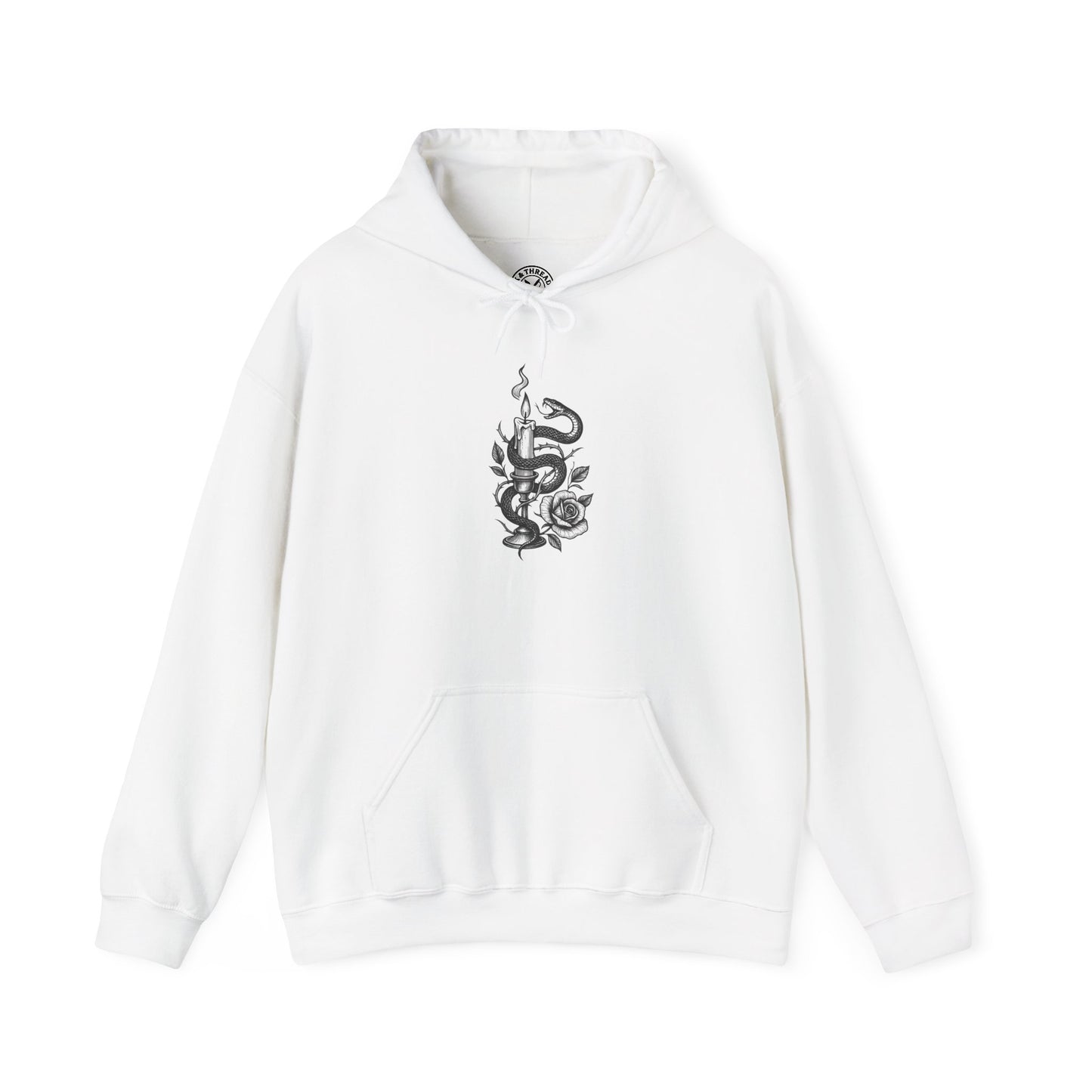 White hoodie with a black graphic design on a white background