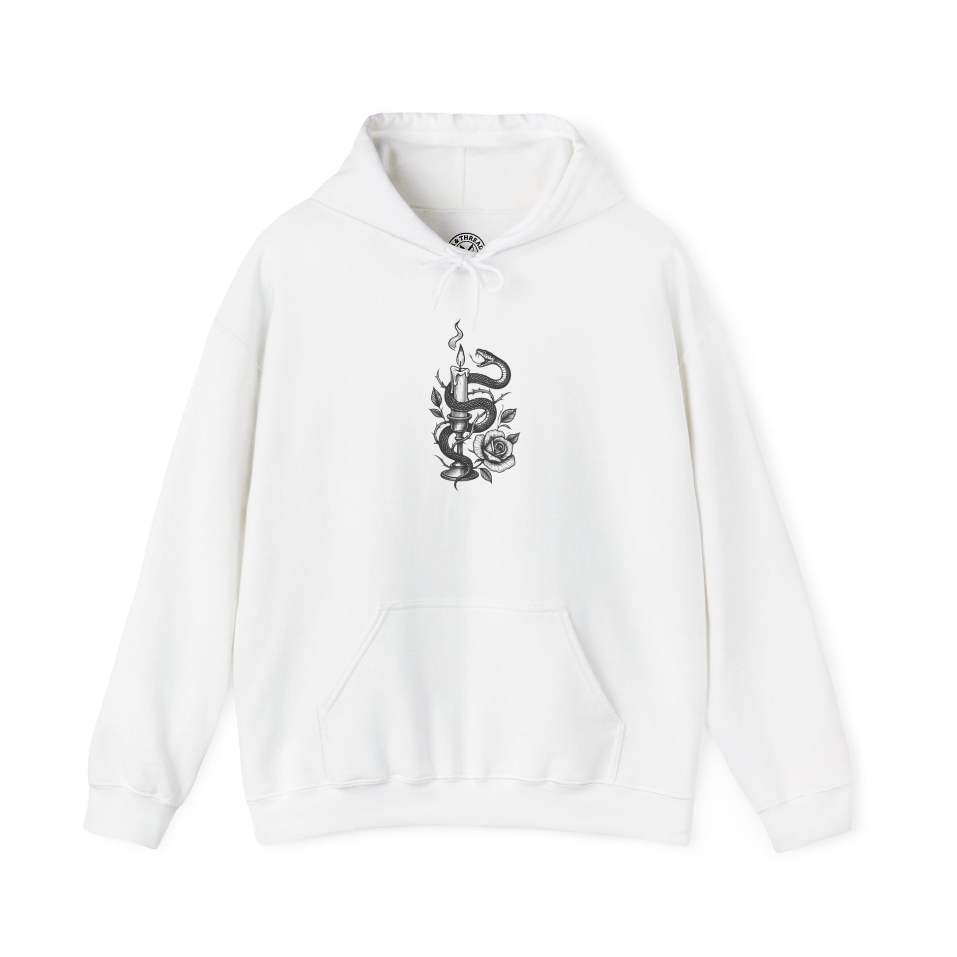 White hoodie with a black graphic design on a white background