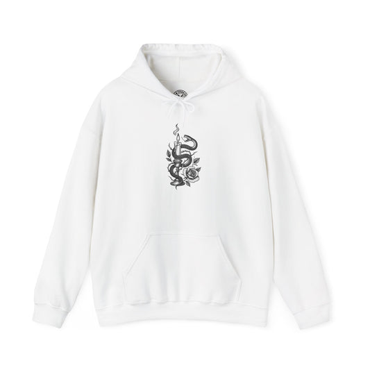 White hoodie with a black graphic design on a white background