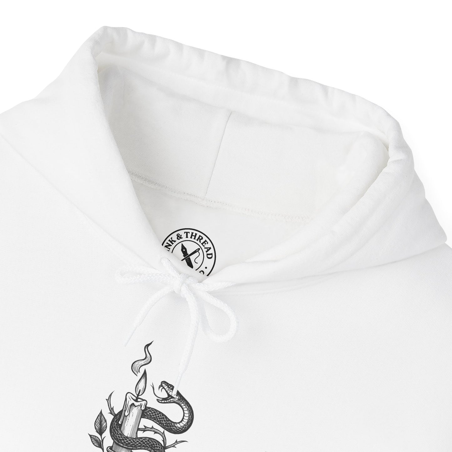 White hoodie with a brand logo on the chest and design on the sleeve against a white background