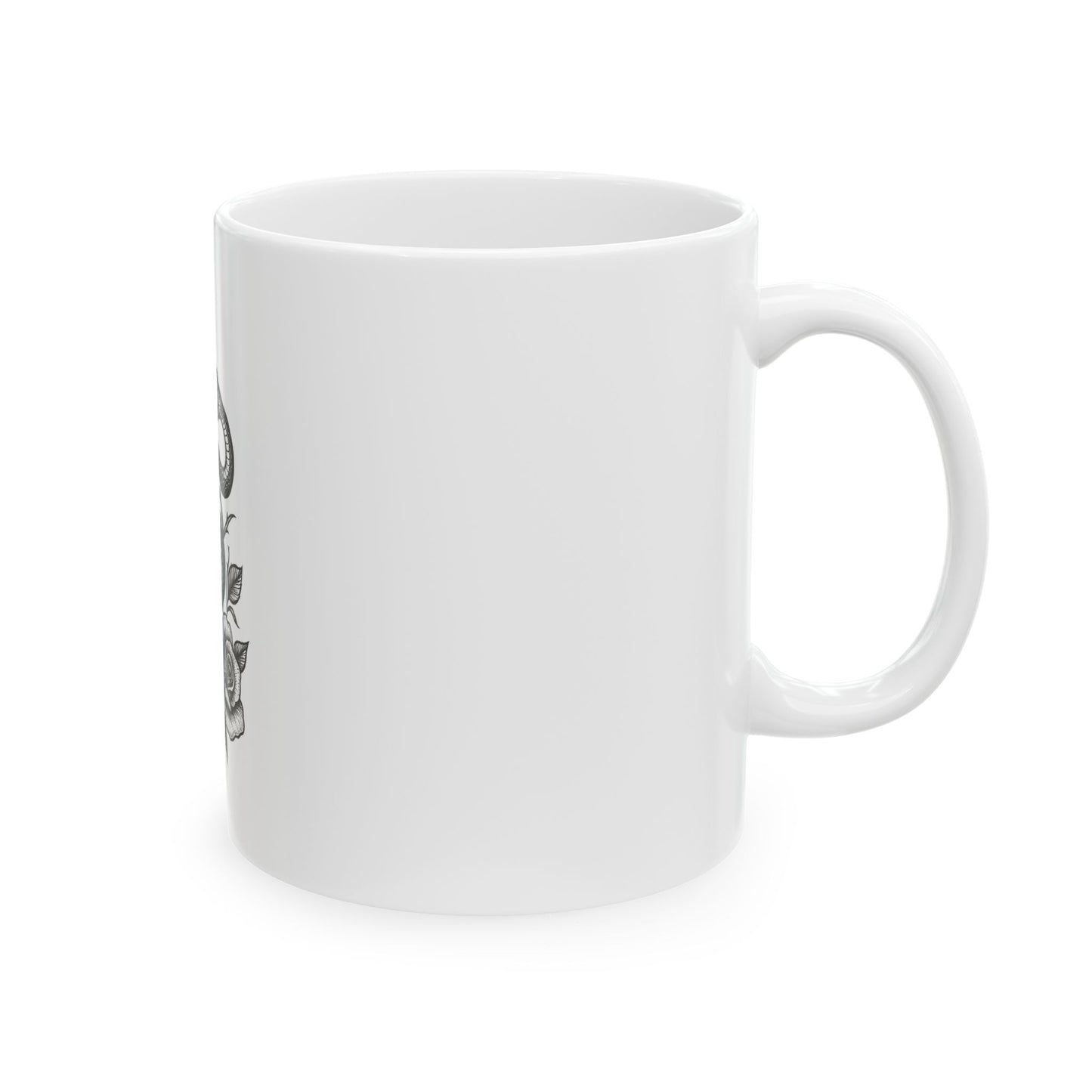 White mug with a small design on a white background