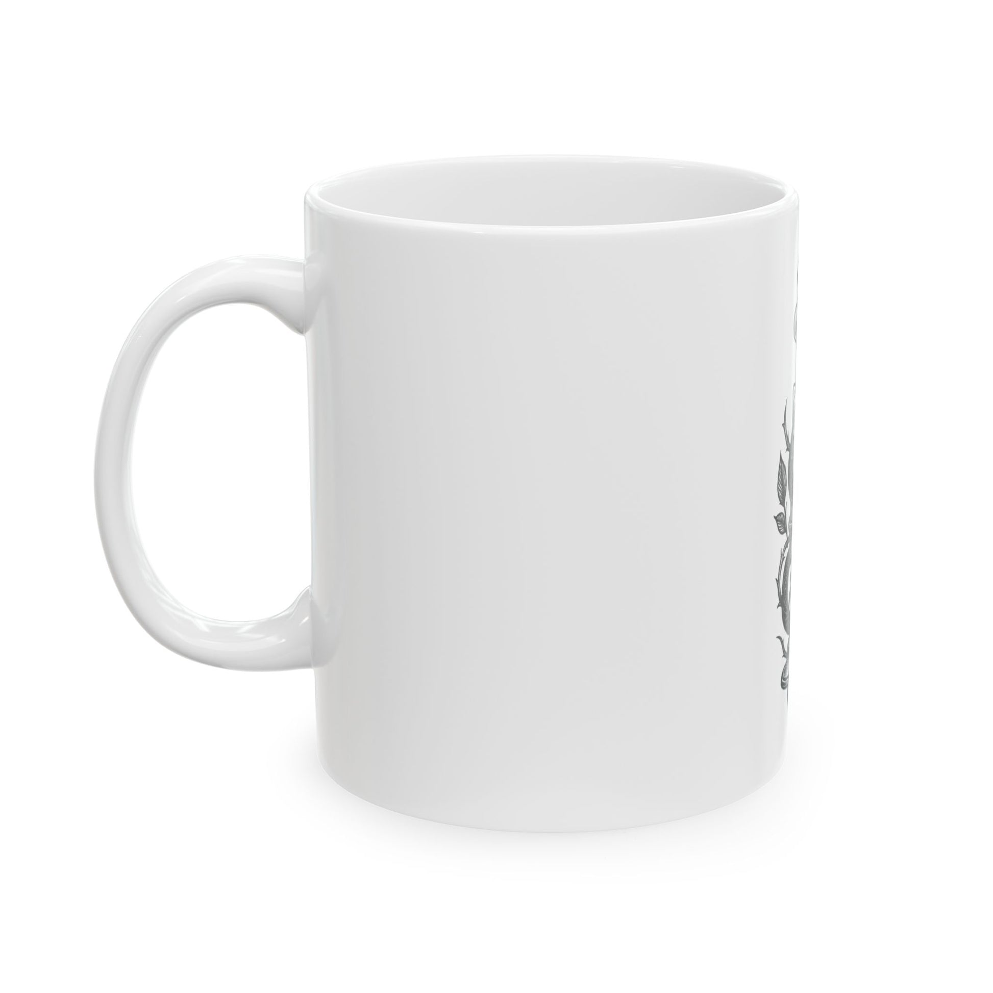 White mug with a black design on a white background
