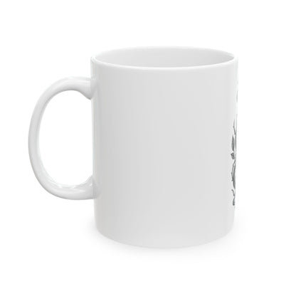 White mug with a black design on a white background