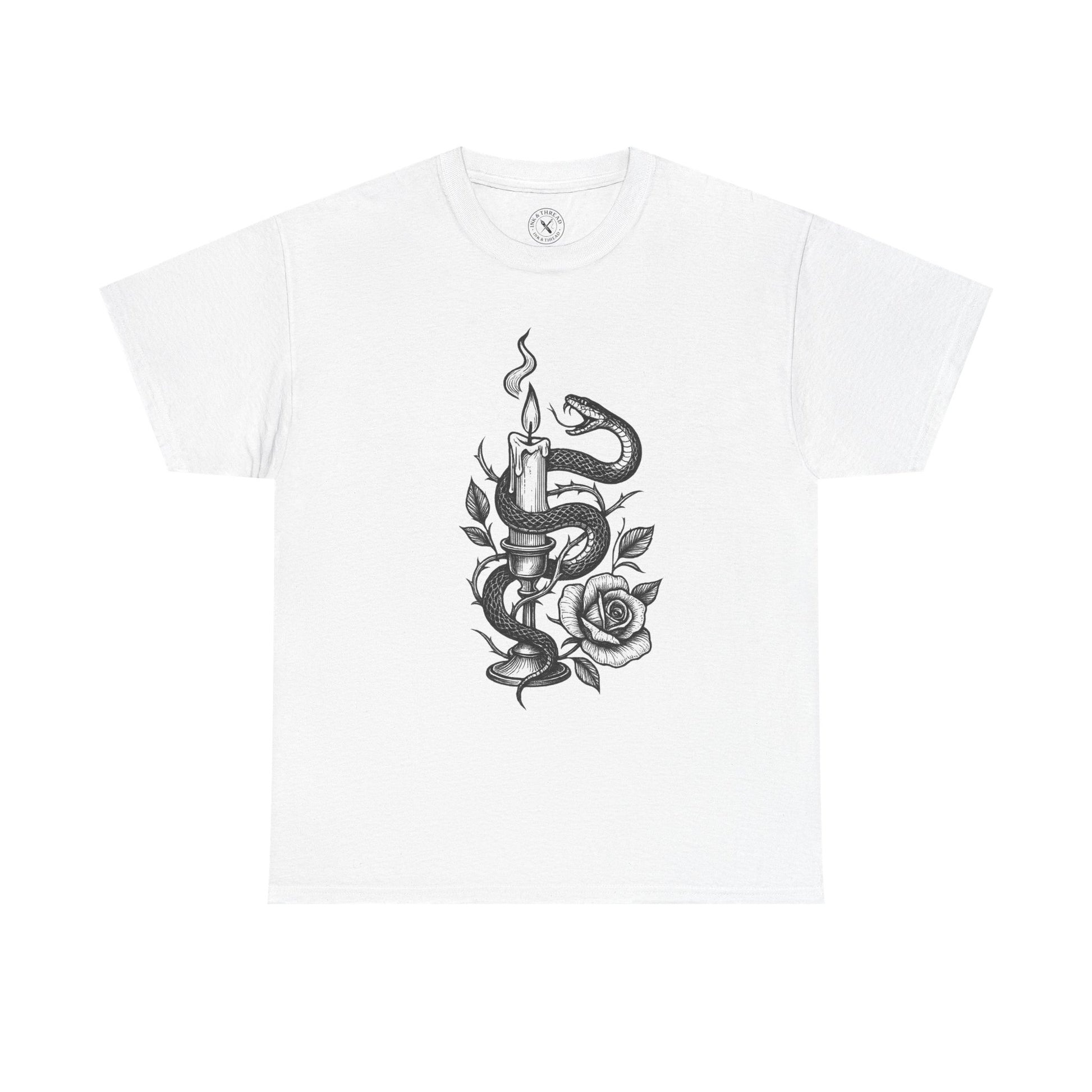 White t-shirt with a black and white design of a snake around a candle and a rose on a white background.
