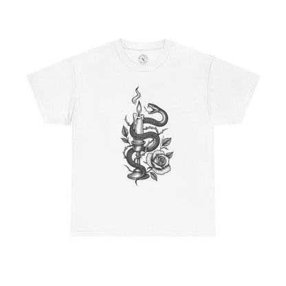 White t-shirt with a black and white design of a snake around a candle and a rose on a white background.