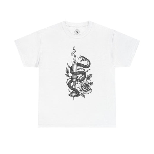 White t-shirt with a black and white design of a snake around a candle and a rose on a white background.