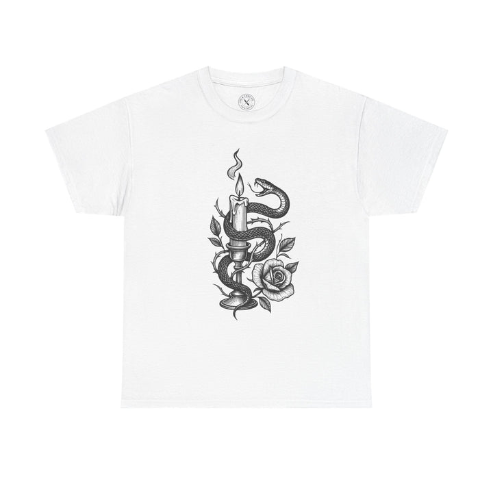 White t-shirt with a black and white design of a snake around a candle and a rose on a white background.