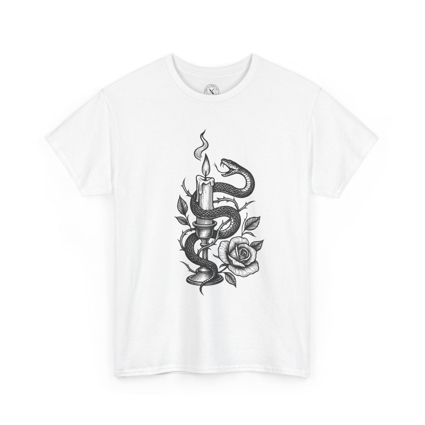 White t-shirt with a black snake and rose design on a white background