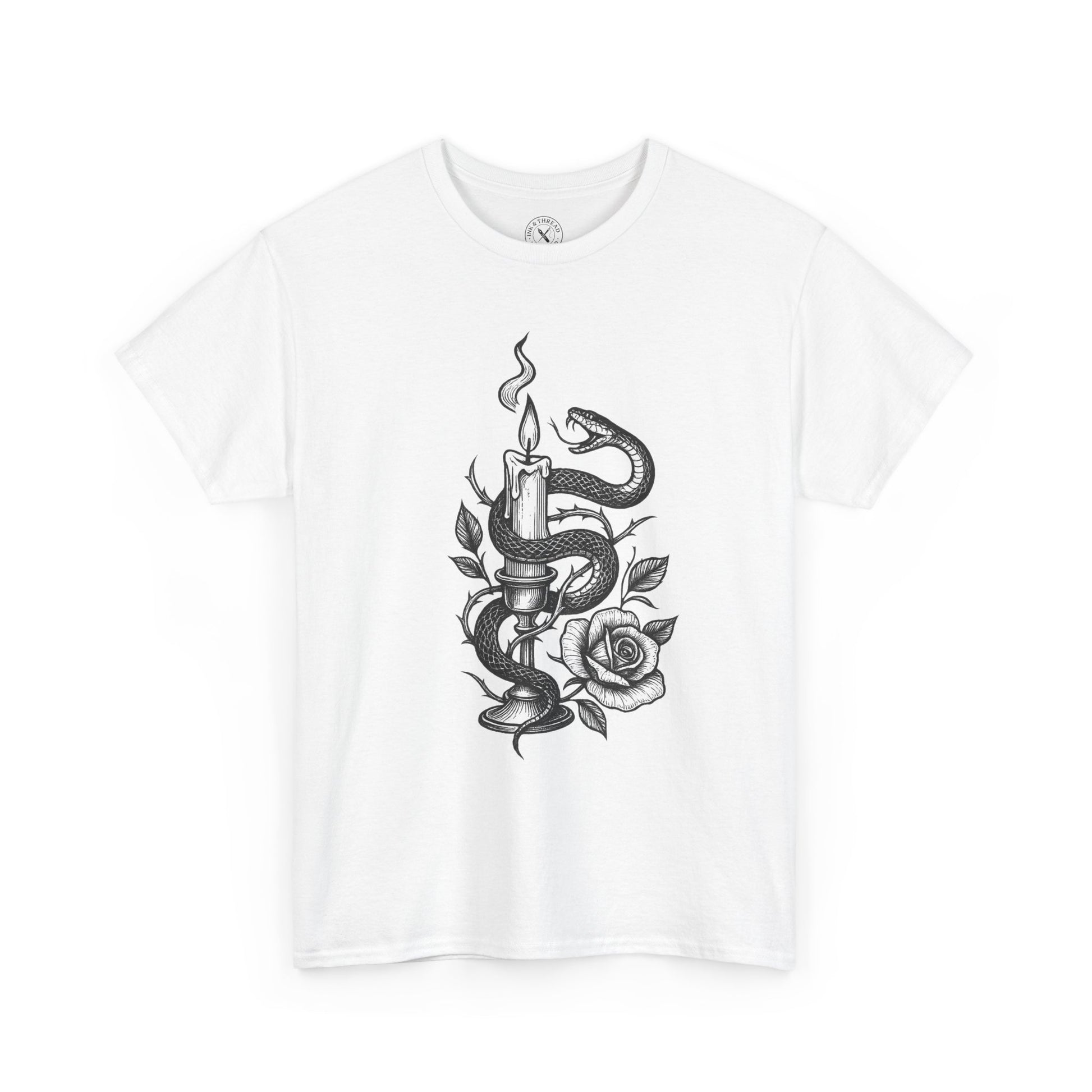 White t-shirt with a black snake and rose design on a white background