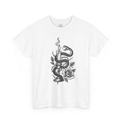 White t-shirt with a black snake and rose design on a white background