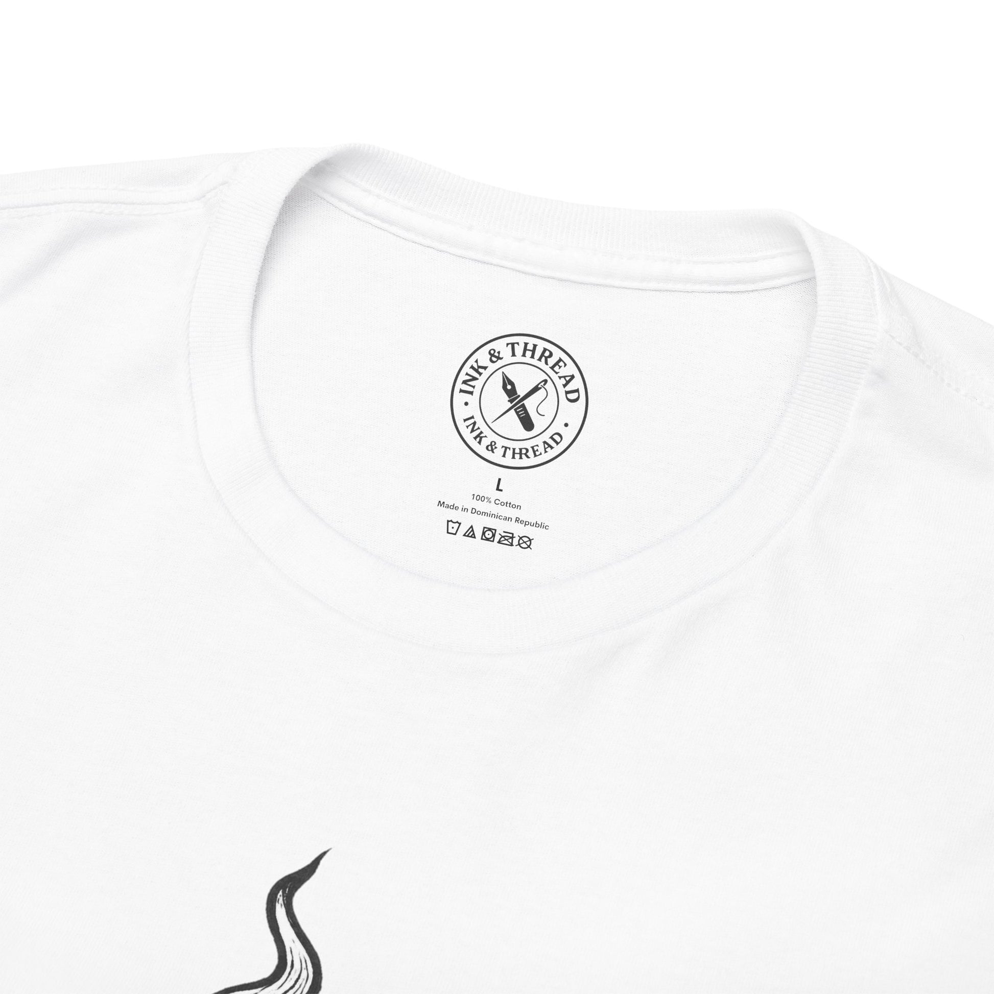 White t-shirt with Ink & Thread logo on a white background