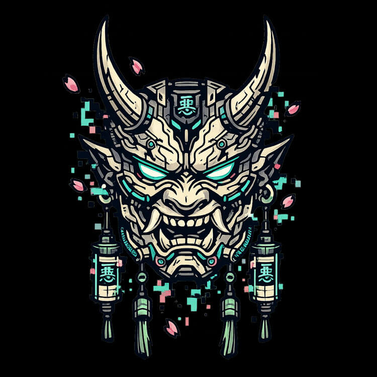 Decorative mask with horns and glowing elements on a black background