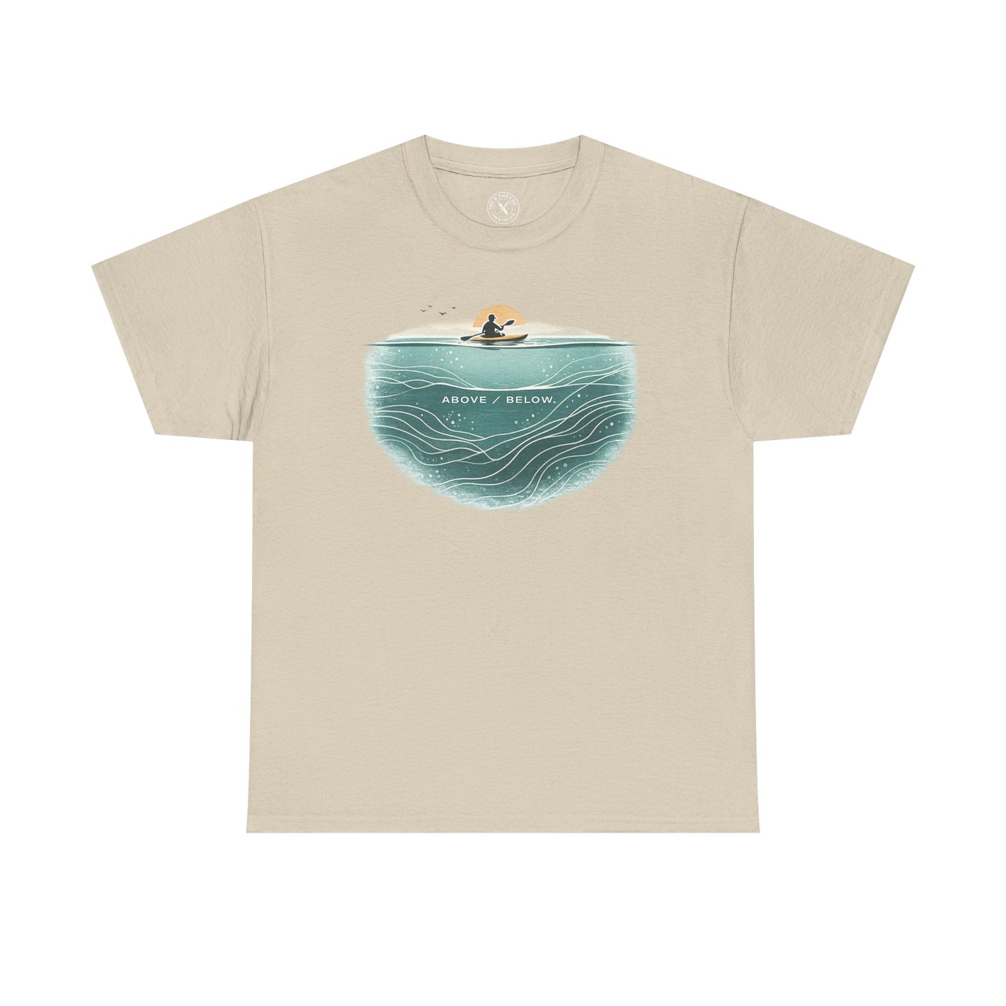 Ink and Thread UK beige t-shirt with Above Below kayaking ocean graphic print showing kayaker above and underwater scene, front view on white background