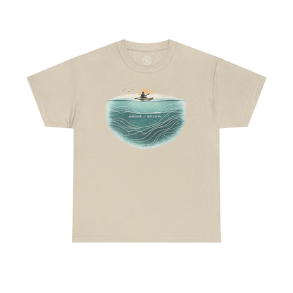 Ink and Thread UK beige t-shirt with Above Below kayaking ocean graphic print showing kayaker above and underwater scene, front view on white background