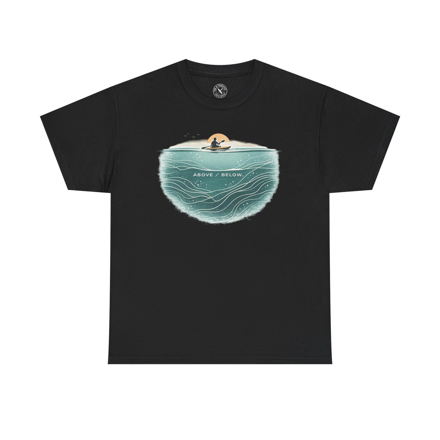 Ink and Thread UK black t-shirt with Above Below kayaking ocean graphic print showing kayaker above and underwater scene, front view on white background