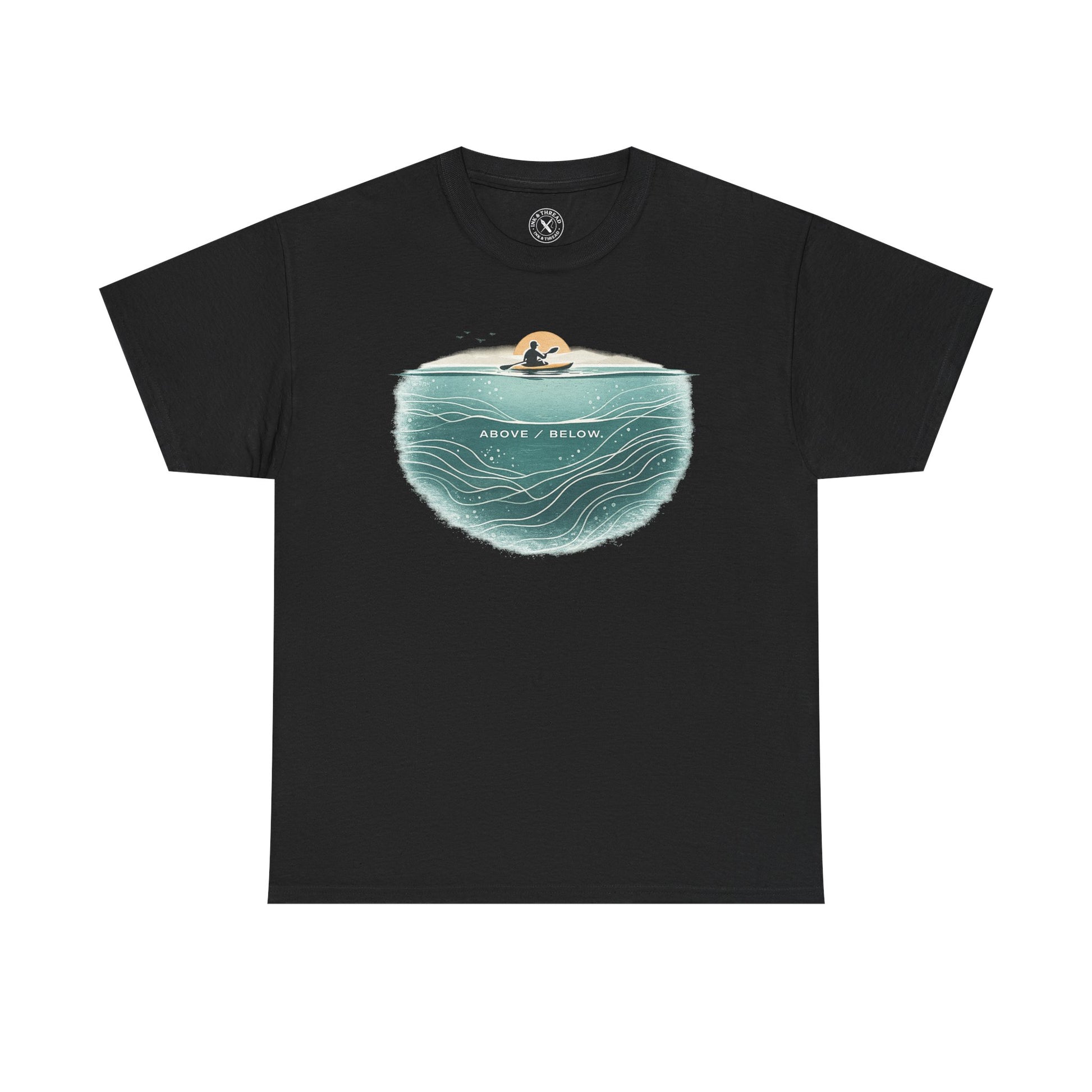 Ink and Thread UK black t-shirt with Above Below kayaking ocean graphic print showing kayaker above and underwater scene, front view on white background
